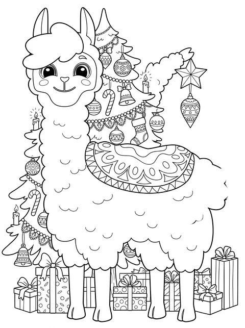 Lama-Ausmalbild: Bobby am großen Weihnachtsbaum