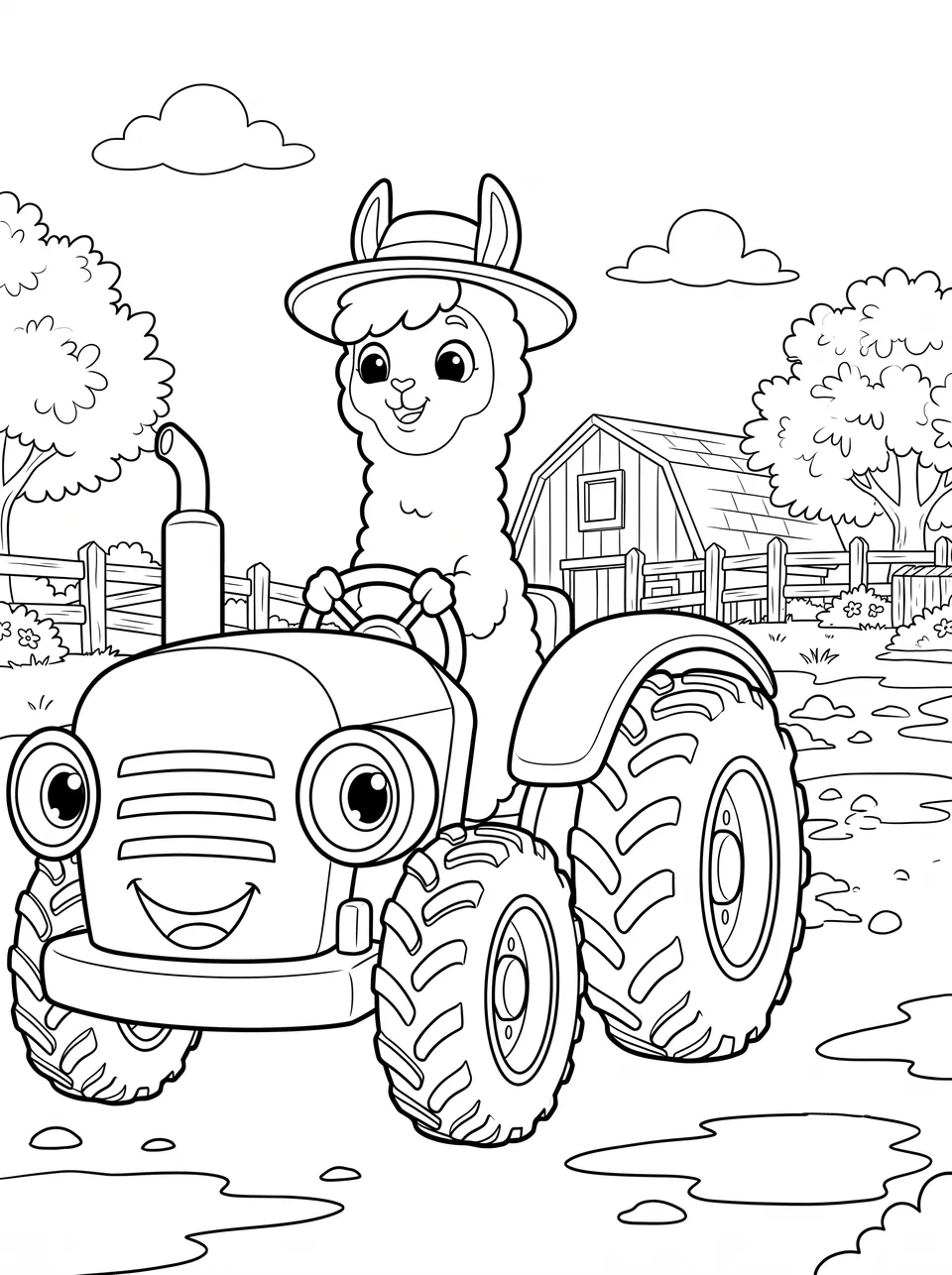 Ausmalbild Bobby fährt Traktor: Bobby das Lama als Malvorlage