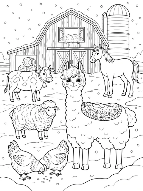 Lama-Ausmalbild: Bobby auf dem Winterbauernhof