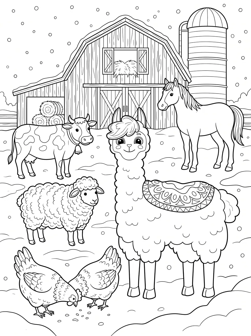 Ausmalbild Bobby auf dem Winterbauernhof: Bobby das Lama als Malvorlage