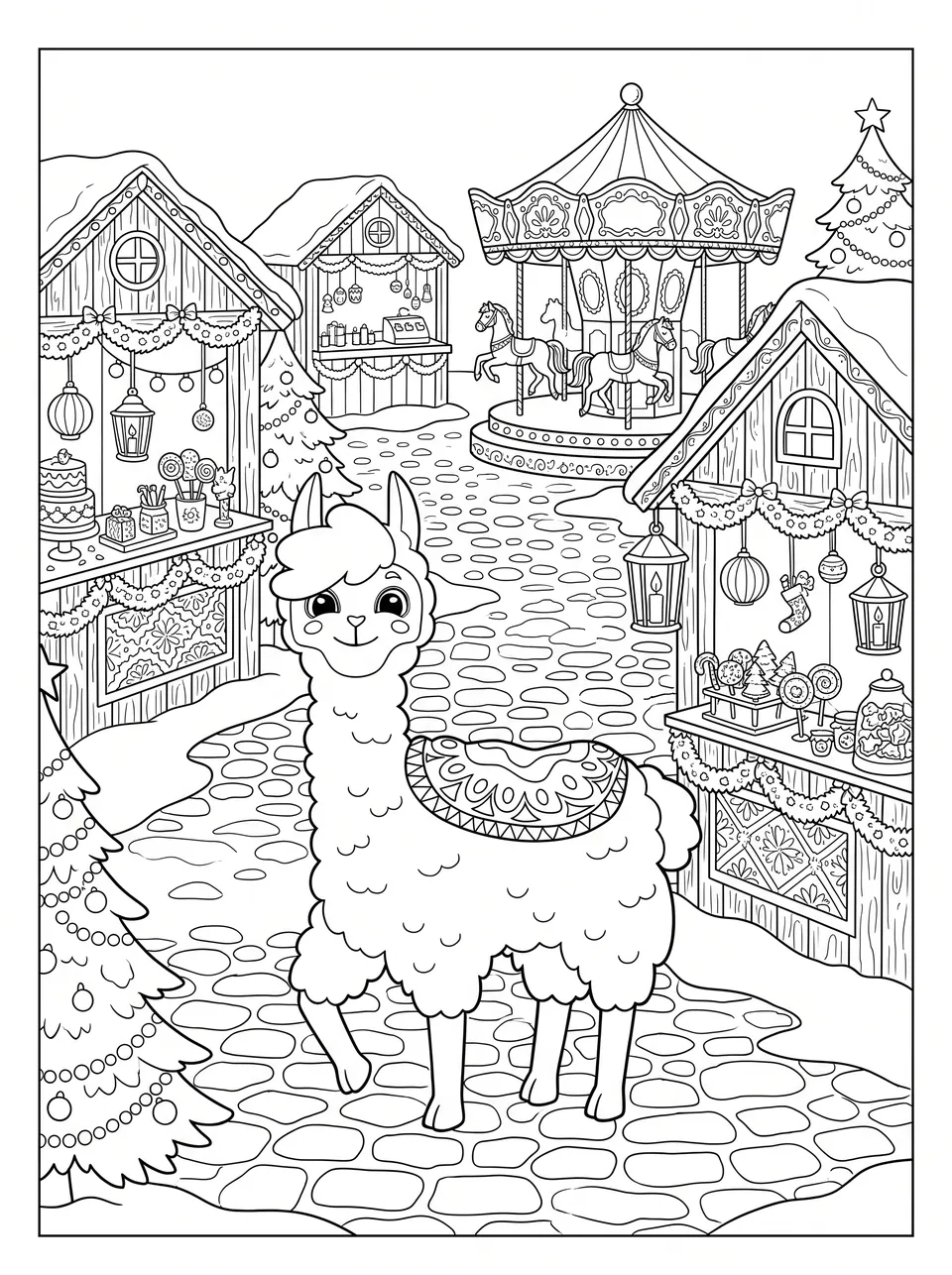 Ausmalbild Bobby auf dem Wintermarkt: Bobby das Lama als Malvorlage