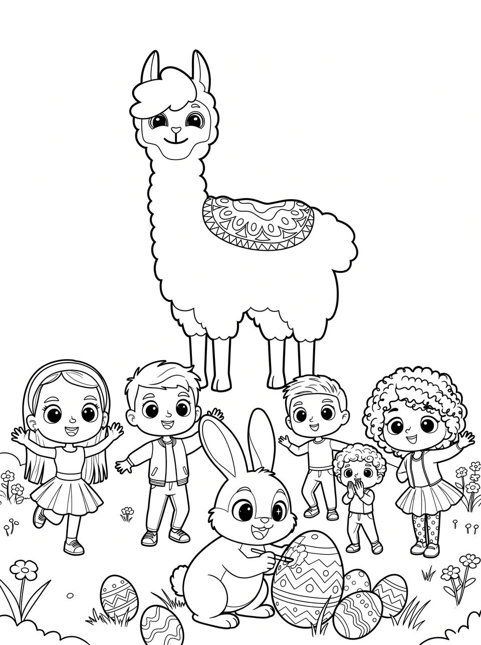 Ausmalbild Bobby auf der Frühlingswiese: Bobby das Lama als Malvorlage