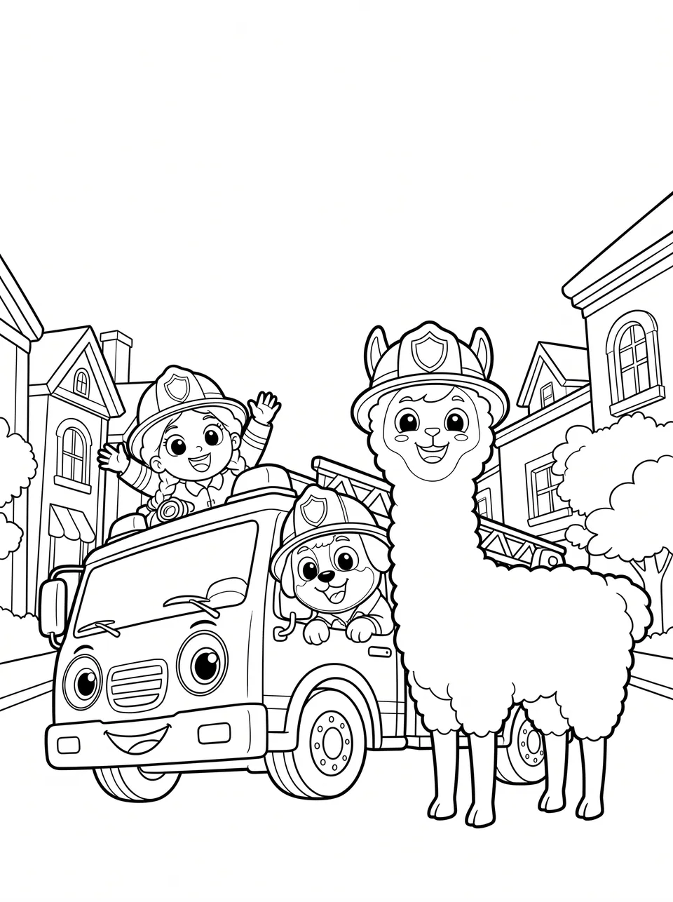 Ausmalbild Bobby bei der Feuerwehr: Bobby das Lama als Malvorlage