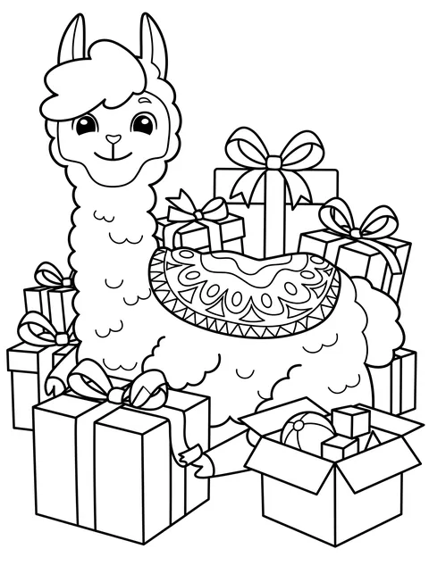 Lama-Ausmalbild: Bobby packt Geschenke ein