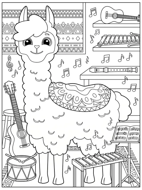 Lama-Ausmalbild: Bobby im Musikzimmer