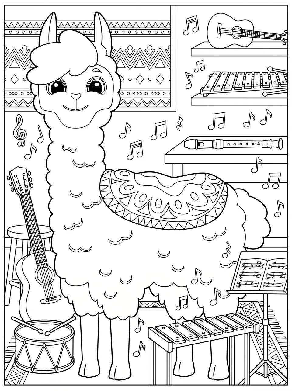 Ausmalbild Bobby im Musikzimmer: Bobby das Lama als Malvorlage
