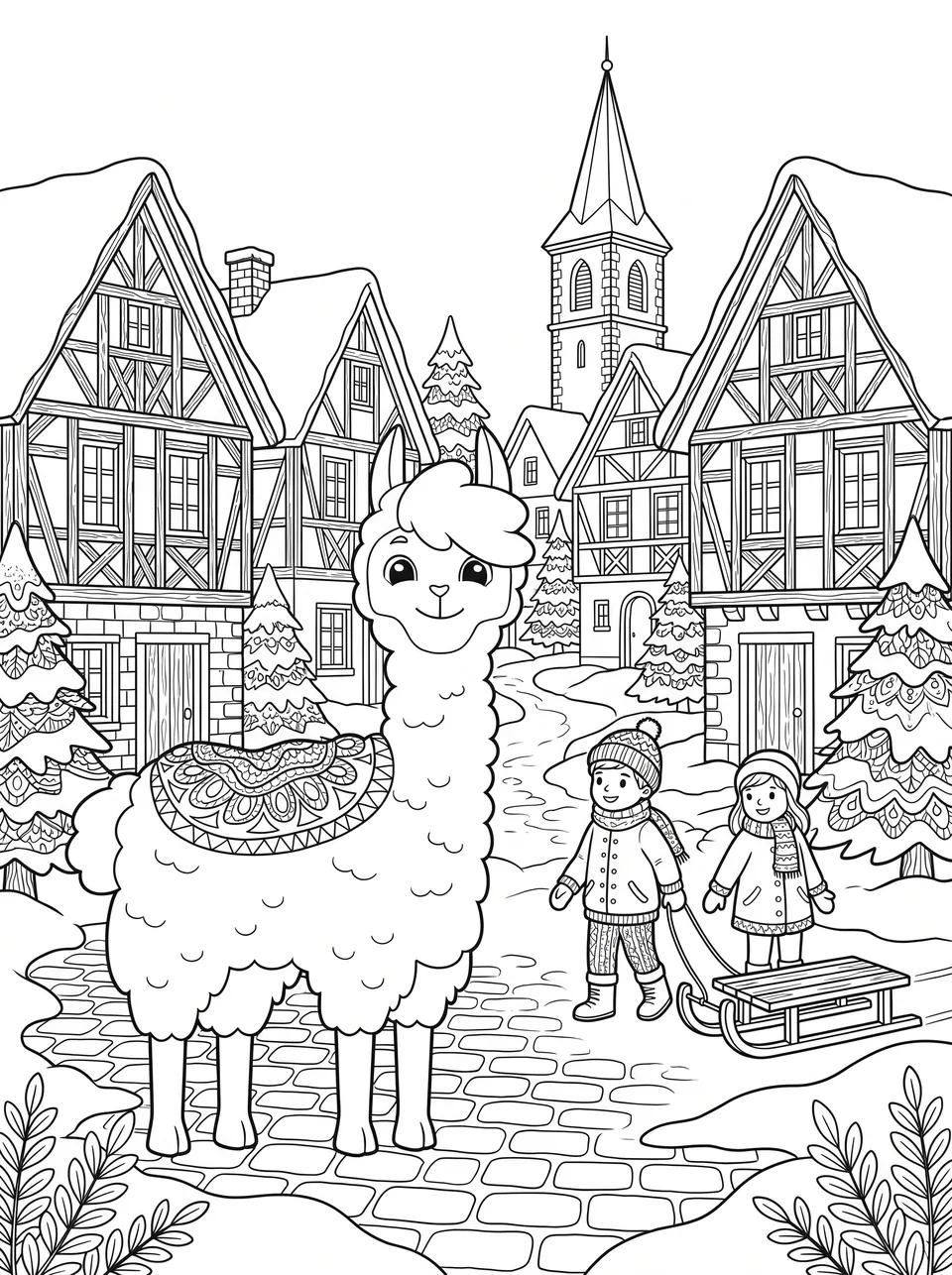 Ausmalbild Bobby im Winterdorf: Bobby das Lama als Malvorlage