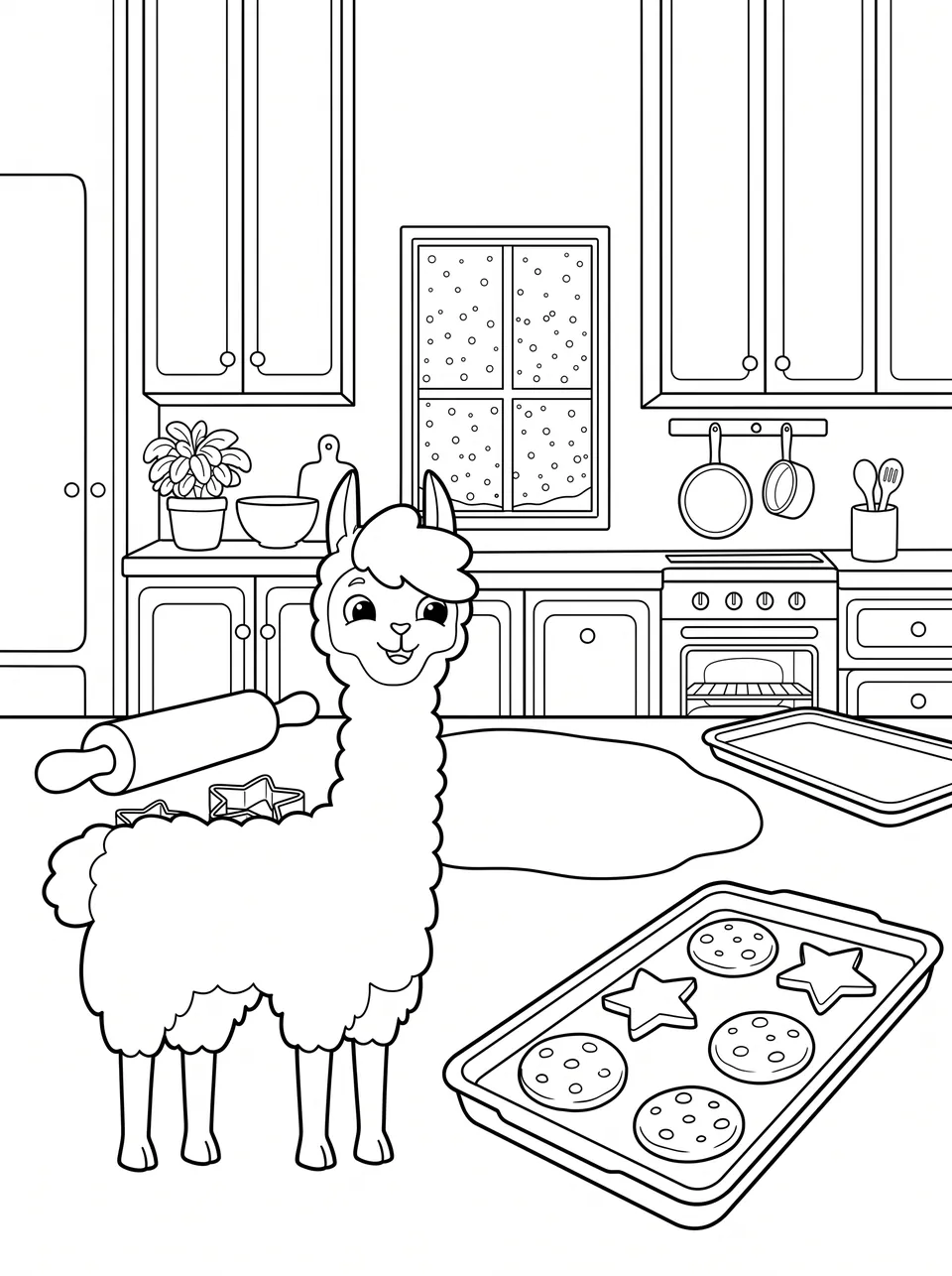 Ausmalbild Bobby in der Küche: Bobby das Lama als Malvorlage