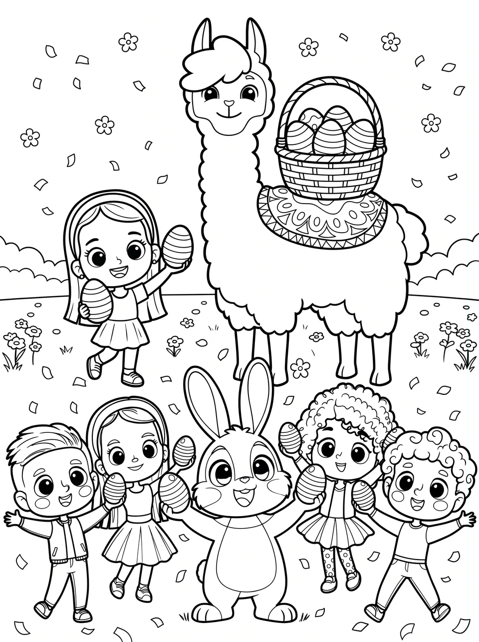 Ausmalbild Bobby mit dem Osterkorb: Bobby das Lama als Malvorlage