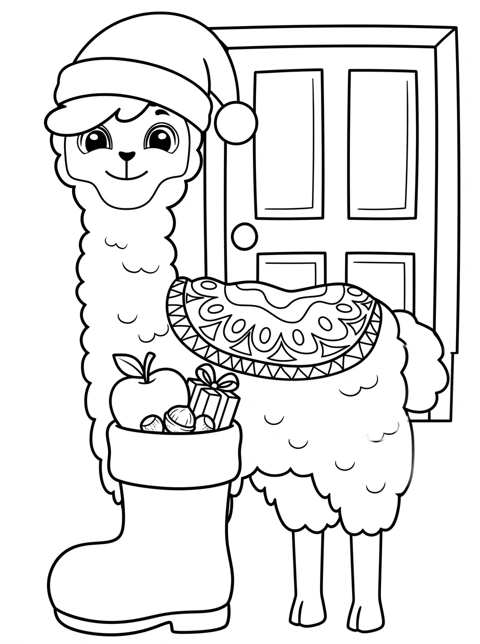 Ausmalbild Bobby stellt den Nikolausstiefel raus: Bobby das Lama als Malvorlage