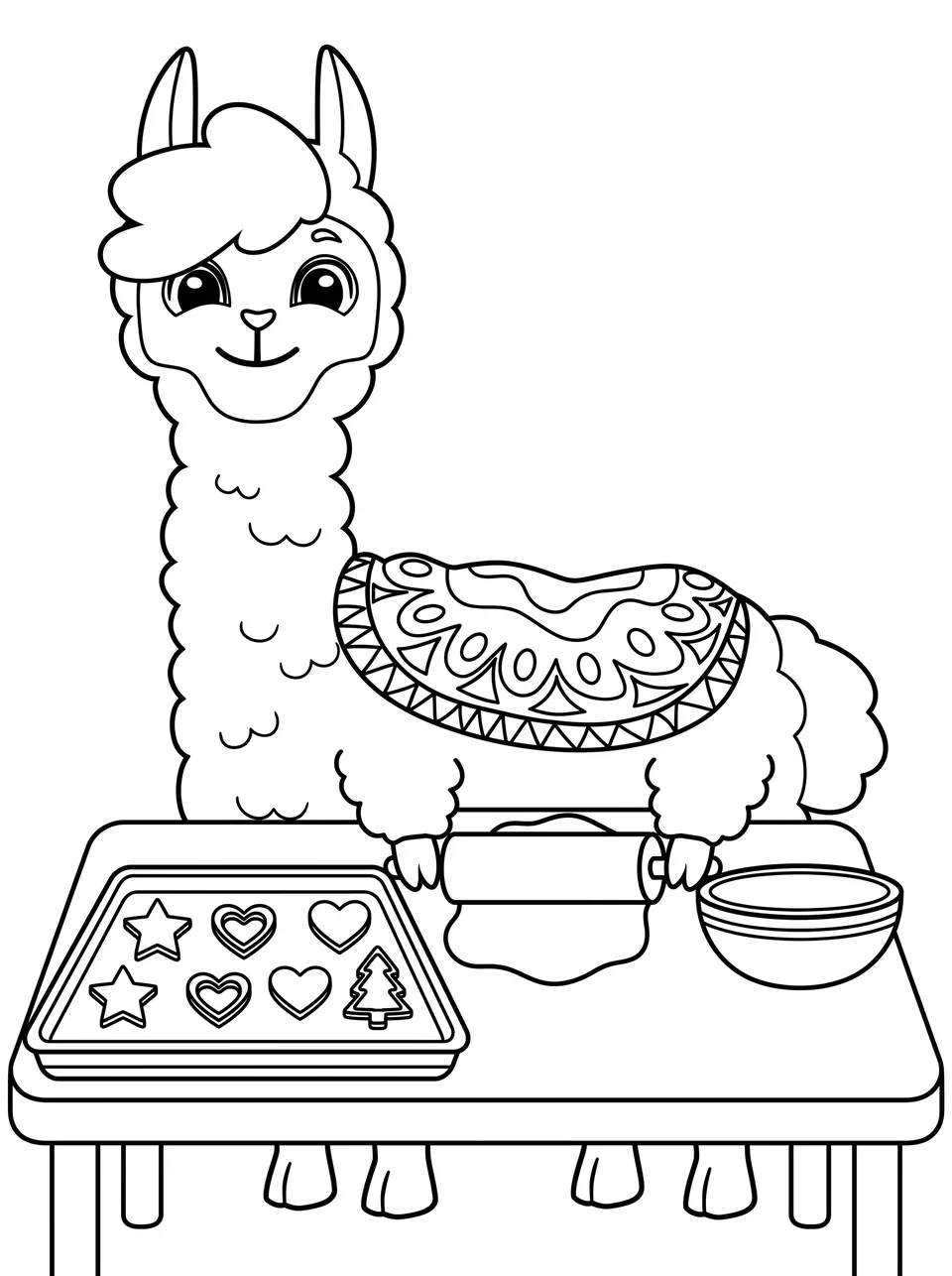 Ausmalbild Bobby backt Plätzchen: Bobby das Lama als Malvorlage