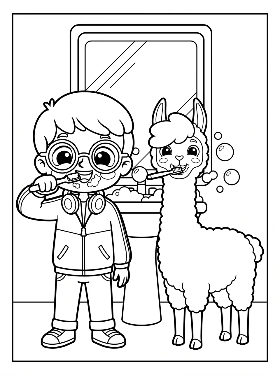 Ausmalbild Bobby putzt Zähne: Bobby das Lama als Malvorlage