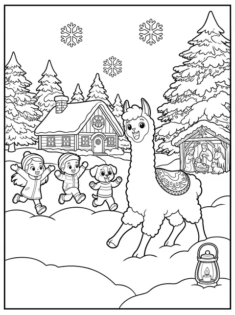 Lama-Ausmalbild: Bobby rennt durch den Schnee