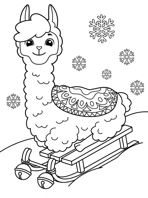 Lama-Ausmalbild: Bobby fährt Schlitten