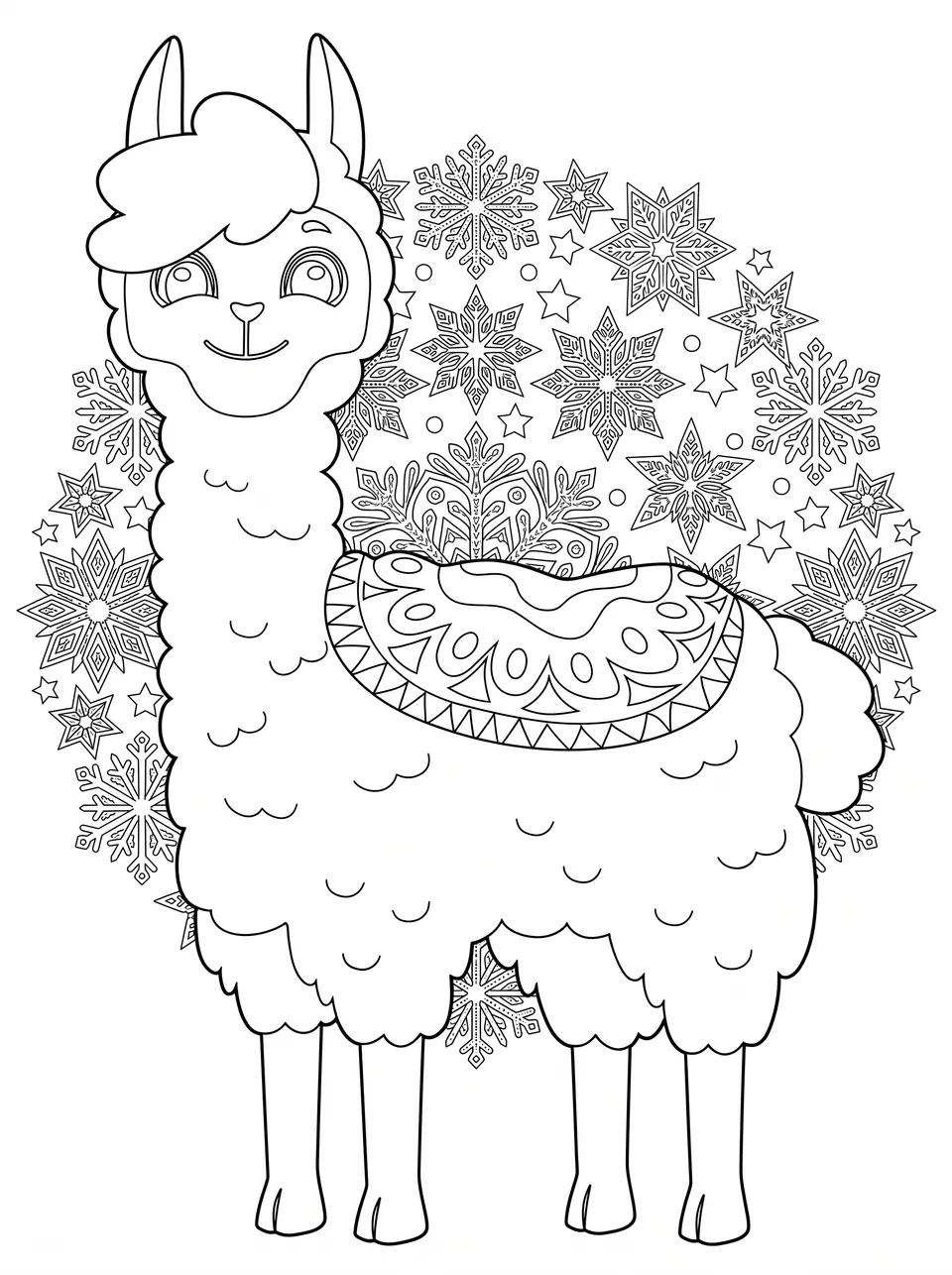 Ausmalbild Bobby im Schneeflocken-Mandala: Bobby das Lama als Malvorlage