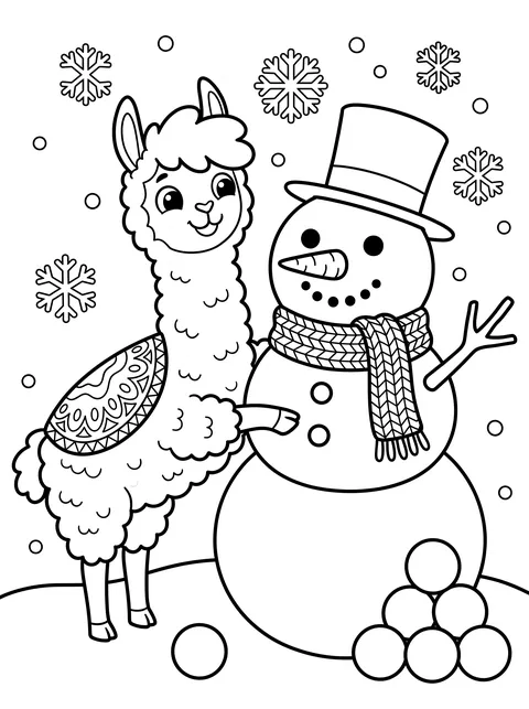 Lama-Ausmalbild: Bobby baut einen Schneemann