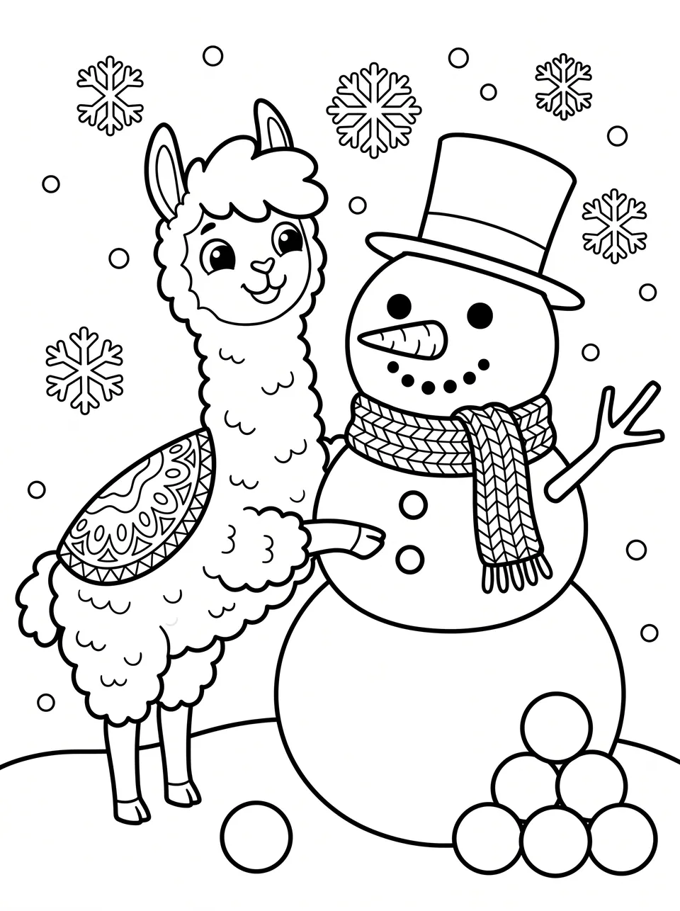 Ausmalbild Bobby baut einen Schneemann: Bobby das Lama als Malvorlage