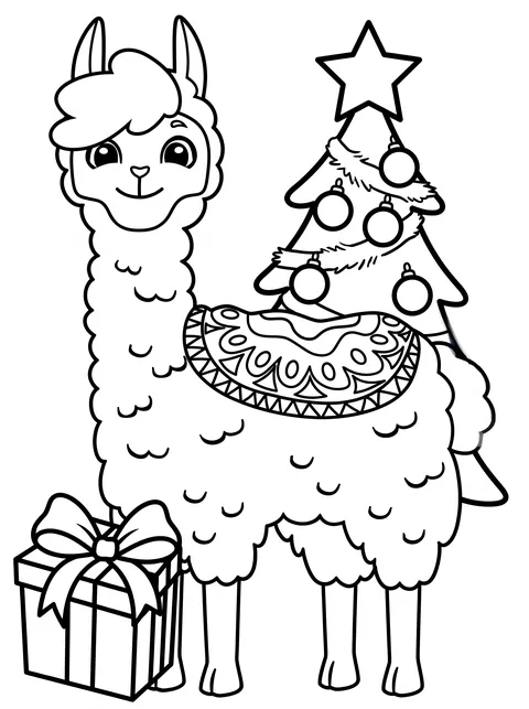Lama-Ausmalbild: Bobby schmückt den Tannenbaum