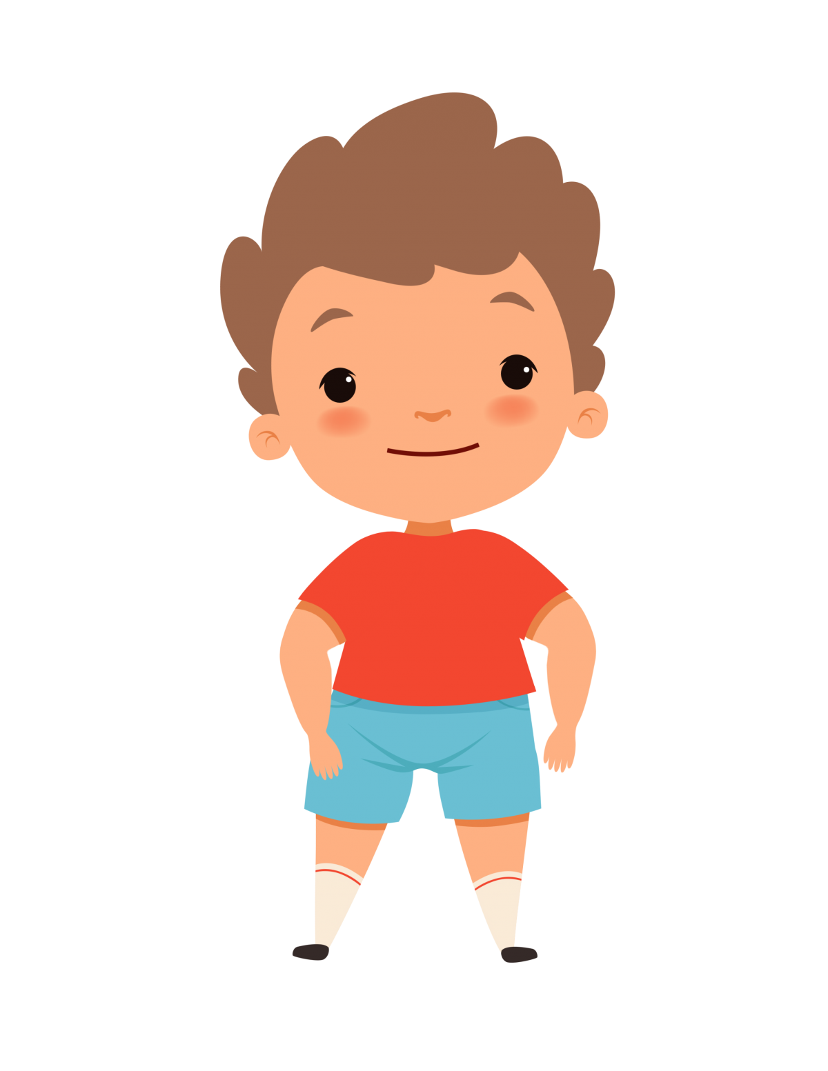 Jakob, kleiner Junge in blauer short und rotem T-shirt mit braunen Haaren